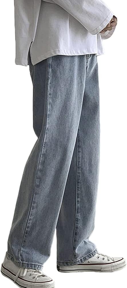 Men's Loose Fit Straight Leg Denim Jeans Baggy Wide Leg Plain Pants Trousers