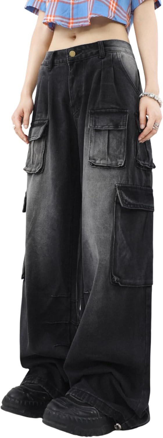 Cargo Pants with Pockets Men Women Baggy Jeans Wide Leg Loose Jeans Clothes Streetwear Black