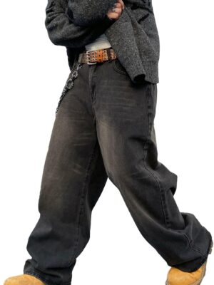 men Baggy Hip Hop Jeans Wide Leg Skater Denim Pants Casual Loose Fit Long Trousers Streetwear