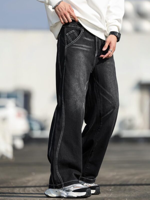 men Baggy Jeans Distressed Wide Leg Denim Pants Casual Loose Fit Trousers Streetwear