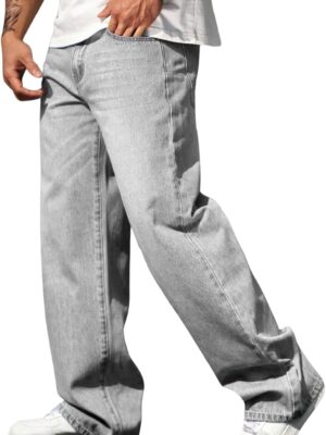 Men's High Waist Loose Jeans Baggy Straight Leg Denim Pants Trousers