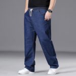 Plus Size Baggy Jeans for Men Elastic Waist Pull On Denim Pants Drawstring Straight Loose Jean Sweatpants