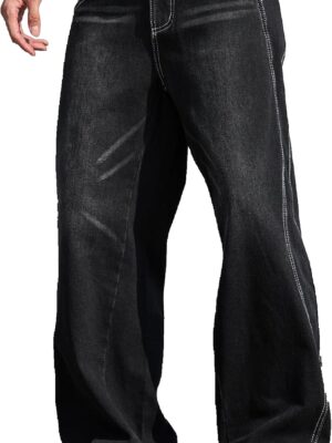 men Baggy Jeans Distressed Wide Leg Denim Pants Casual Loose Fit Trousers Streetwear