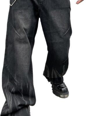 Men's Irregular Sutures Hip Hop Baggy Jeans Wide Leg Denim Pants Casual Loose Fit Trousers Streetwear