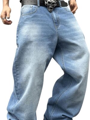 Men's Wide Leg Jeans Vintage Baggy Jeans Casual Loose Fit Denim Pants with Pockets