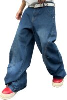 Men's Irregular Sutures Hip Hop Baggy Jeans Wide Leg Denim Pants Casual Loose Fit Trousers Streetwear