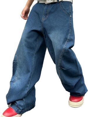 Men's Irregular Sutures Hip Hop Baggy Jeans Wide Leg Denim Pants Casual Loose Fit Trousers Streetwear