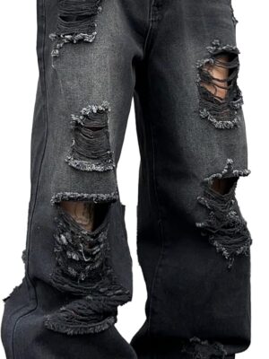 Mens Cyberpunk Baggy Ripped Jeans Wide Leg Destroyed Distressed Skater Jeans Denim Pant Hip Hop Streetwear
