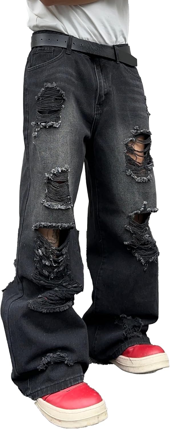 Mens Cyberpunk Baggy Ripped Jeans Wide Leg Destroyed Distressed Skater Jeans Denim Pant Hip Hop Streetwear