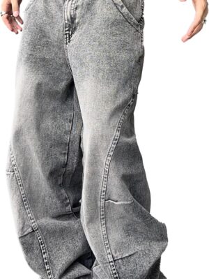 Men's Irregular Sutures Hip Hop Baggy Jeans Wide Leg Denim Pants Casual Loose Fit Trousers Streetwear