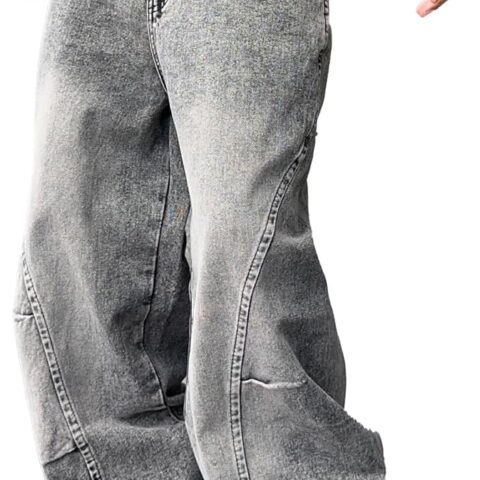 Men's Irregular Sutures Hip Hop Baggy Jeans Wide Leg Denim Pants Casual Loose Fit Trousers Streetwear