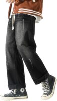 Men's Work Jeans Casual Hip Hop Cargo Solid Color Loose Fit Straight Wide Leg Cotton Denim Pants with Zipper