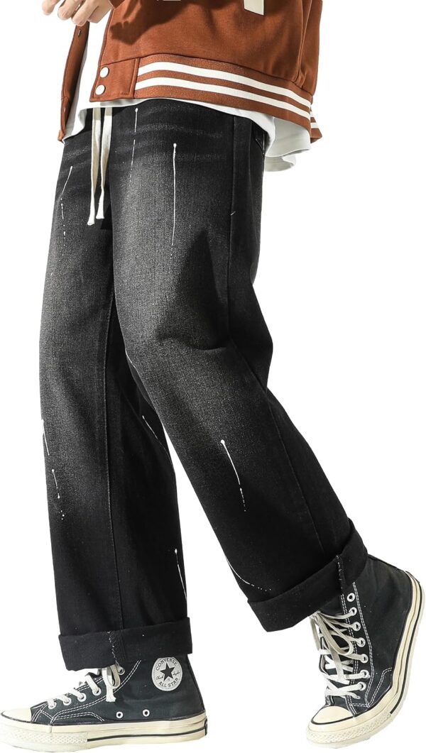 Men's Work Jeans Casual Hip Hop Cargo Solid Color Loose Fit Straight Wide Leg Cotton Denim Pants with Zipper