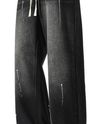 Men's Work Jeans Casual Hip Hop Cargo Solid Color Loose Fit Straight Wide Leg Cotton Denim Pants with Zipper
