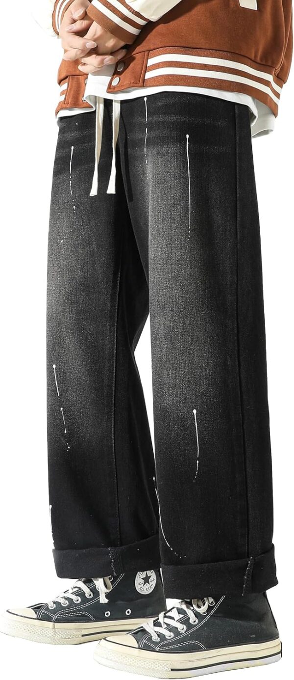 Men's Work Jeans Casual Hip Hop Cargo Solid Color Loose Fit Straight Wide Leg Cotton Denim Pants with Zipper