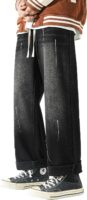 Men's Work Jeans Casual Hip Hop Cargo Solid Color Loose Fit Straight Wide Leg Cotton Denim Pants with Zipper