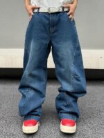 Men's Irregular Sutures Hip Hop Baggy Jeans Wide Leg Denim Pants Casual Loose Fit Trousers Streetwear