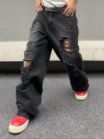 Mens Cyberpunk Baggy Ripped Jeans Wide Leg Destroyed Distressed Skater Jeans Denim Pant Hip Hop Streetwear