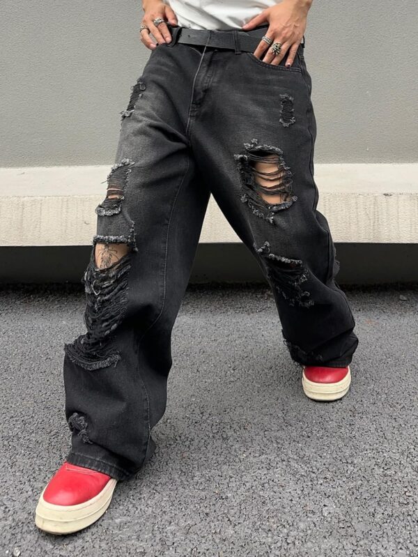 Mens Cyberpunk Baggy Ripped Jeans Wide Leg Destroyed Distressed Skater Jeans Denim Pant Hip Hop Streetwear