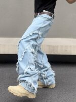 men Baggy Jeans Street Rock Style Fringe Frayed Edges Jeans Patchwork Wide Leg Skater Denim Pant