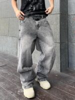 Men's Irregular Sutures Hip Hop Baggy Jeans Wide Leg Denim Pants Casual Loose Fit Trousers Streetwear