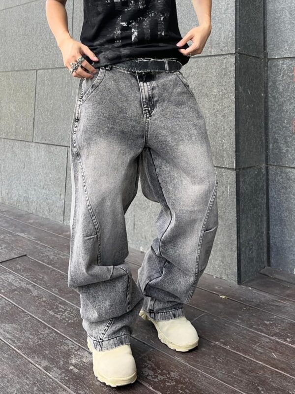 Men's Irregular Sutures Hip Hop Baggy Jeans Wide Leg Denim Pants Casual Loose Fit Trousers Streetwear